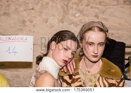 MILAN ITALY - FEBRUARY 25: Gorgeous models pose in the backstage just before Cividini show during Milan Women's Fashion Week on FEBRUARY 25 2017 in Milan.