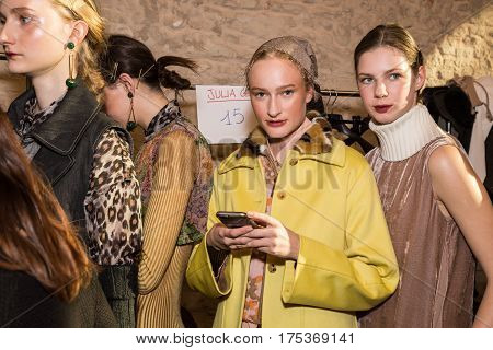 MILAN ITALY - FEBRUARY 25: Gorgeous models pose in the backstage just before Cividini show during Milan Women's Fashion Week on FEBRUARY 25 2017 in Milan.