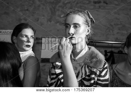 MILAN ITALY - FEBRUARY 25: Gorgeous models pose in the backstage just before Cividini show during Milan Women's Fashion Week on FEBRUARY 25 2017 in Milan.