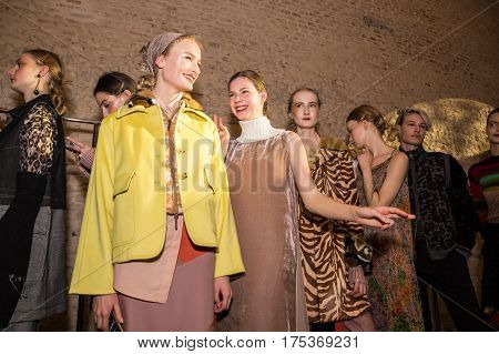 MILAN ITALY - FEBRUARY 25: Gorgeous models pose in the backstage just before Cividini show during Milan Women's Fashion Week on FEBRUARY 25 2017 in Milan.