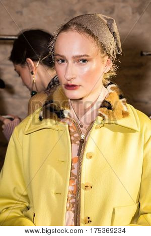 MILAN ITALY - FEBRUARY 25: Gorgeous models pose in the backstage just before Cividini show during Milan Women's Fashion Week on FEBRUARY 25 2017 in Milan.
