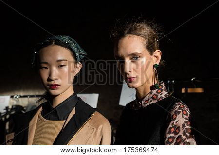 MILAN ITALY - FEBRUARY 25: Gorgeous models pose in the backstage just before Cividini show during Milan Women's Fashion Week on FEBRUARY 25 2017 in Milan.