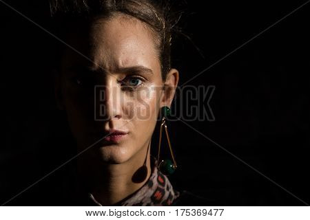 MILAN ITALY - FEBRUARY 25: Gorgeous model poses in the backstage just before Cividini show during Milan Women's Fashion Week on FEBRUARY 25 2017 in Milan.