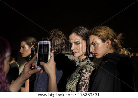 MILAN ITALY - FEBRUARY 25: Gorgeous models pose in the backstage just before Cividini show during Milan Women's Fashion Week on FEBRUARY 25 2017 in Milan.