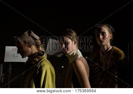 MILAN ITALY - FEBRUARY 25: Gorgeous models pose in the backstage just before Cividini show during Milan Women's Fashion Week on FEBRUARY 25 2017 in Milan.