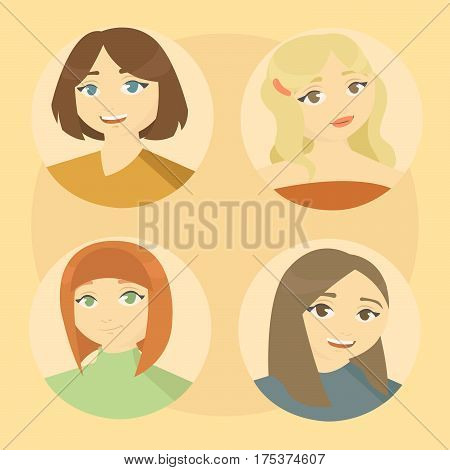 Woman face emotional icons. Positive emotions of user avatars. Vector illustration.