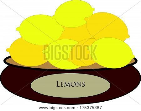 Brown bowl with yellow lemons on white background. Vector Illustration.