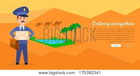 Delivery everywhere cartoon web banner. Postman in uniform with mailbag holding envelope on desert background with oasis flat vector illustration. Horizontal concept for mail company landing page