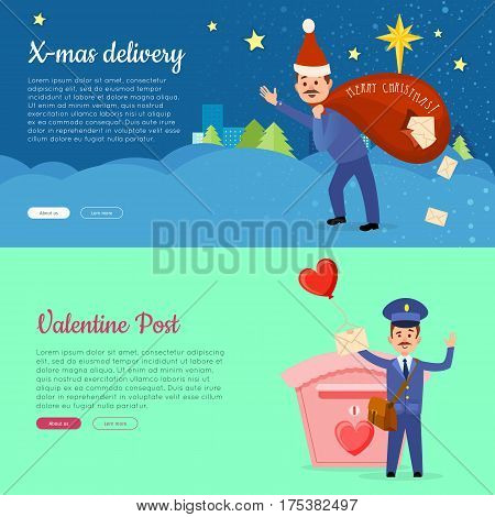 Xmas delivery and Valentine post banner with postman. Mailman with bag of letters. Express messenger to 14 of February love concept. Vector illustration of advertisement web poster in cartoon style