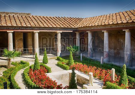 Typical luxury house in Pompeii. Pompeii was destroyed, during a catastrophic eruption of the volcano Vesuvius spanning in AD 79.