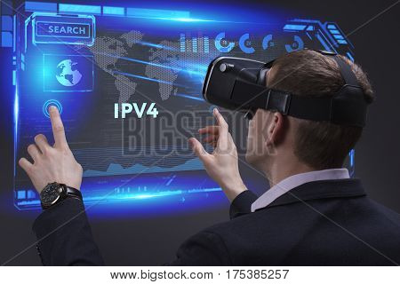 Business, Technology, Internet And Network Concept. Young Businessman Working On A Virtual Screen Of