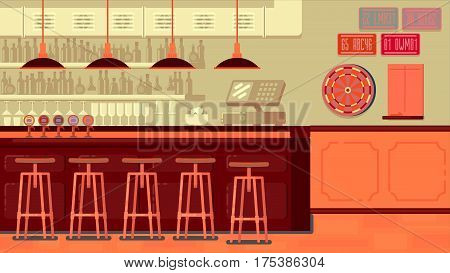 Bar Restaurant with counter in flat style. banner of interior with bar counter, bar chairs and shelves with alcohol.
