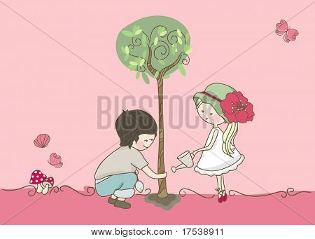 niño y niña plantar el árbol