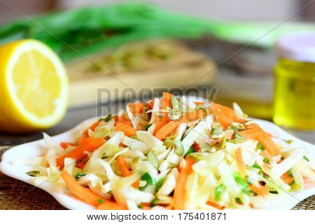 Vegetarian coleslaw salad. Tasty coleslaw salad with fresh carrots, green onion and pumpkin seeds on a plate and on a wooden table. Healthy food. Closeup