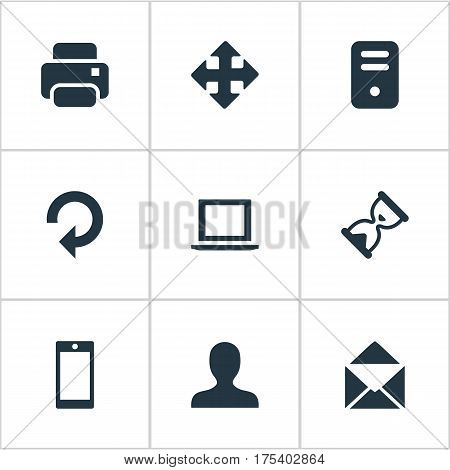 Vector Illustration Set Of Simple Application Icons. Elements Notebook, Smartphone, Envelope And Other Synonyms Enlarge, User And Extend.