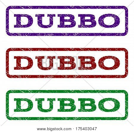 Dubbo watermark stamp. Text caption inside rounded rectangle frame with grunge design style. Vector variants are indigo blue, red, green ink colors. Rubber seal stamp with scratched texture.
