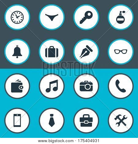 Vector Illustration Set Of Simple Accessories Icons. Elements Time, Ink Pencil, Eyeglasses And Other Synonyms Suitcase, Billfold And Tool.