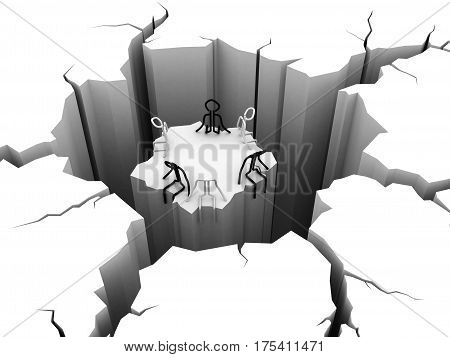 3d render. circular hole in the ground, People on the island
