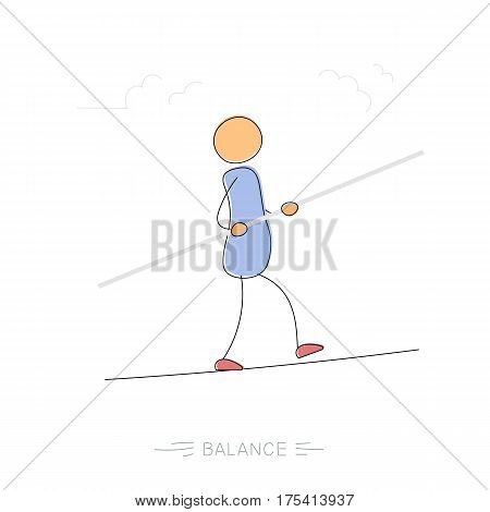 Vector hand drawing illustration of man walking on rope with balance in hand. Concept of balance in life and pondering steps. Modern thin line art concept with pastel colors on white background