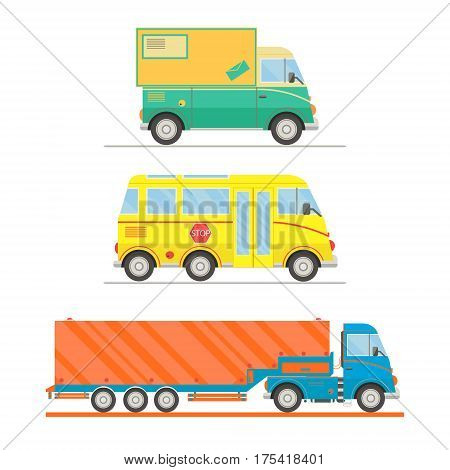 Cartoon transport set. Postal truck school bus semi-trailer truck. vector illustration.