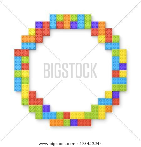 3d rendering of many building blocks in different colors making up one hollow round shape in top view. Building sets. Toys and games. Leisure and recreation.