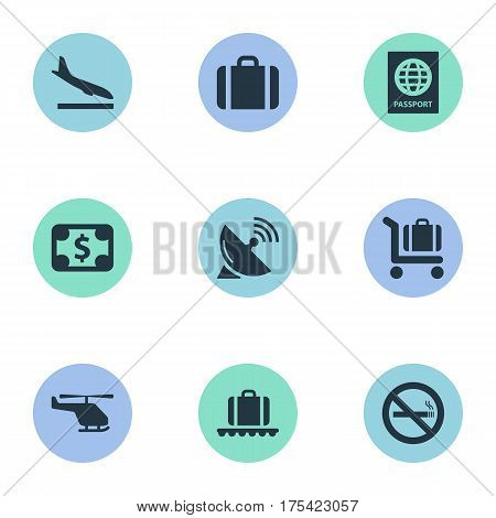 Vector Illustration Set Of Simple Plane Icons. Elements Cigarette Forbidden, Baggage Cart, Antenna And Other Synonyms Alighting, Handbag And Cart.