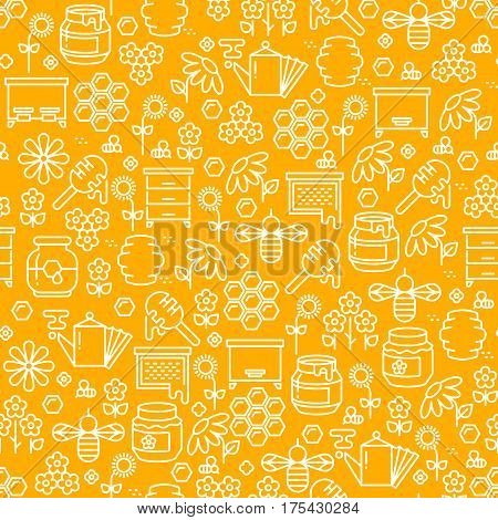 Honey thin line vector seamless pattern. Background with beehoney and apiary illustration