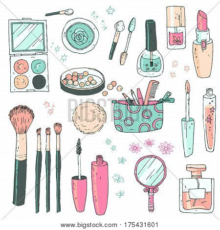 Hand darwn vector cosmetic set. Cosmetic tools and products, perfume, lipstick, brushes, powder, blush, eye shadow, lip gloss nail polish Pastel colors