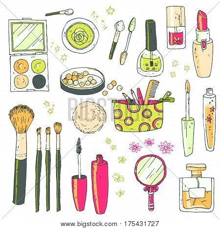 Hand darwn vector cosmetic set. Cosmetic tools and products, perfume, lipstick, brushes, powder, blush, eye shadow, lip gloss nail polish Pastel colors