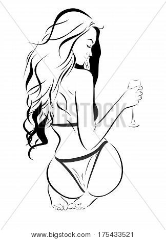 Beautiful slender young woman with a glass in her hand drawing sketch beautiful figure charming female body outlines and forms femininity sexuality charm and attraction image that can be used as a logo or advertisement cafe bar restaurant or other