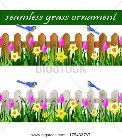 Green Grass and white wooden fance seamless isolated clip art vector on white with rose tulips and yellow daffodils and bluebirds set