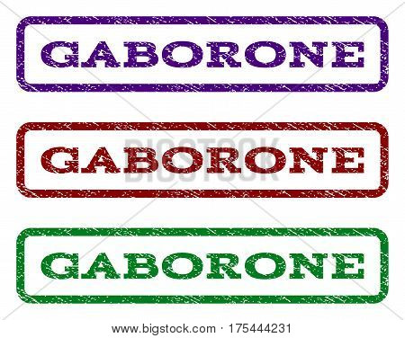 Gaborone watermark stamp. Text caption inside rounded rectangle with grunge design style. Vector variants are indigo blue, red, green ink colors. Rubber seal stamp with dust texture.
