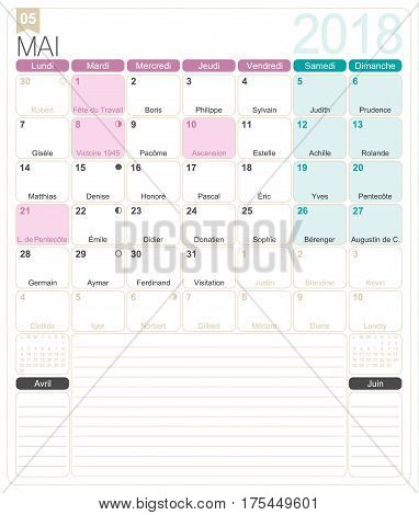 May 2018, French printable monthly calendar template, including name days, lunar phases and official holidays.