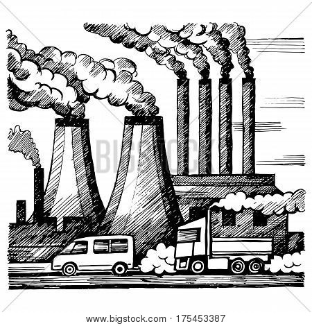 Ecology air and atmosphere pollution. Emission of harmful gases industry and cars. Vector sketch illustration.  Doodle style.