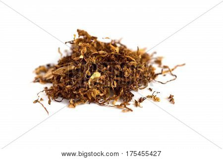 Heap of dry soft Pipe Tobacco on white Background