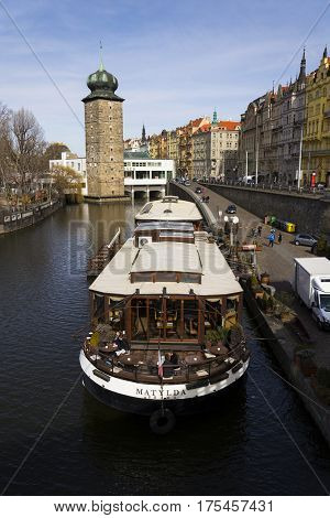 Prague, Czech Republic - March 3: Restaurant Boat Anchored In Front Of Manes Exhibition Hall On Marc