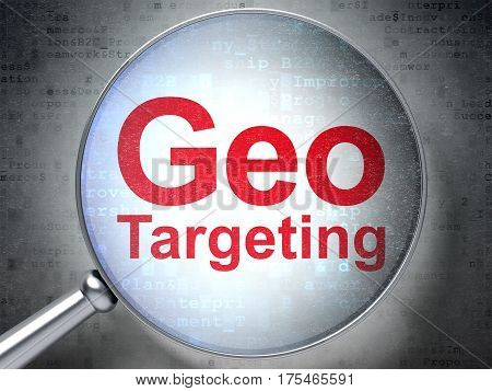 Finance concept: magnifying optical glass with words Geo Targeting on digital background, 3D rendering