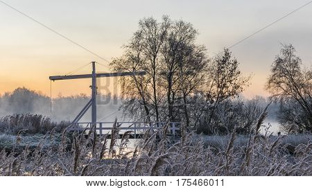 Kalenberg during early sunrise with bridge reed fields and footpath.