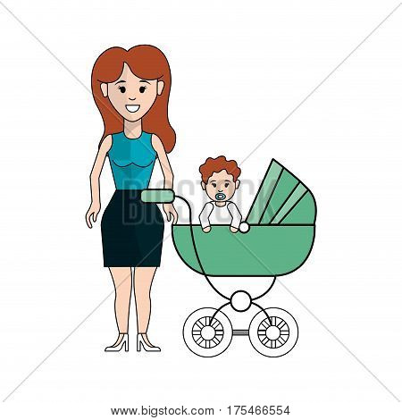 woman with long and her baby icon, vector illustraction design