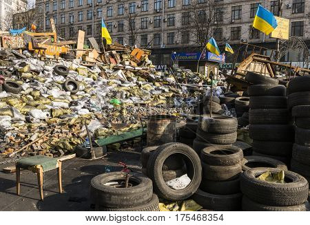Kiev Ukraine - February 26 2014: Barricades with tires in Kiev on Maidan Square during the revolution in the Ukraine.