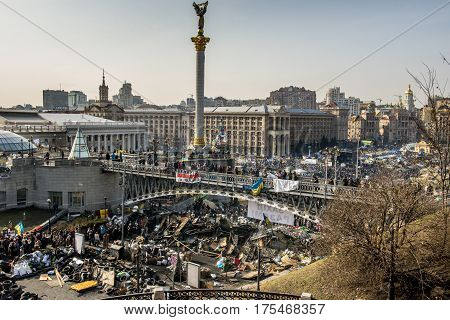 Kiev Ukraine - February 26 2014: Barricades in Kiev on Maidan Square during the revolution in the Ukraine.