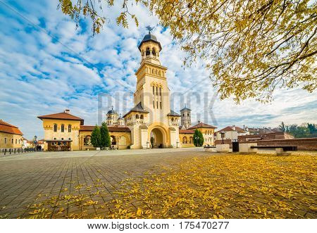 The Coronation Orthodox Cathedral and Roman Catholic cathedral in Fortress Of Alba Iulia Transylvania Romania.