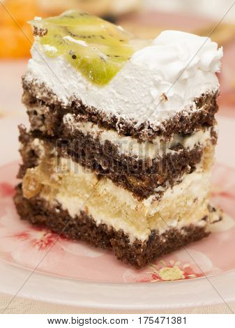 Slice of delicious mouth-watering cake with chocolate white whipped cream and fruit: kiwi raisins dried apricots prunes. Close-up three-quarter view on plate with blurry background.