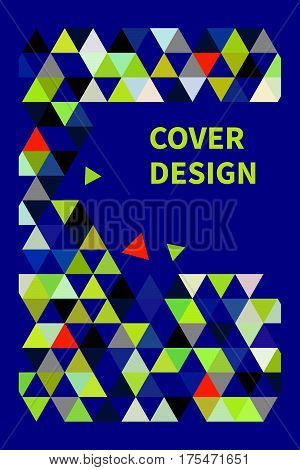 Cover design. Colorful triangles on blue background. Template flyer brochure. Vector illustration