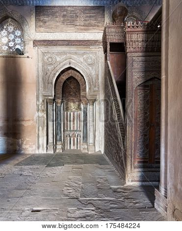 Cairo, Egypt - February 18, 2017: Mihrab (Niche) and Member (Platform) of Ibn Tulun Mosque Cairo Egypt