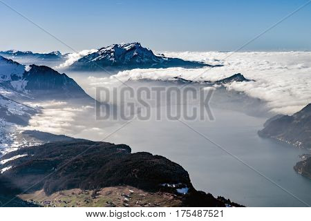 Panoramic Aerial View To Luzern Lake From High Peak