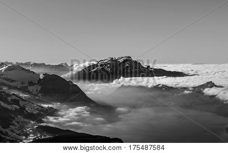 Panoramic Aerial View To Luzern Lake From High Peak
