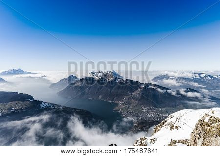 Panoramic Aerial View To Luzern Lake From High Peak