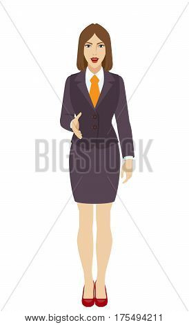 Businesswoman gives a hand for a handshake. Full length portrait of businesswoman in a flat style. Vector illustration.