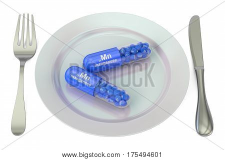 Diet and healthy meal concept. Plate with manganese Mn capsules 3D rendering